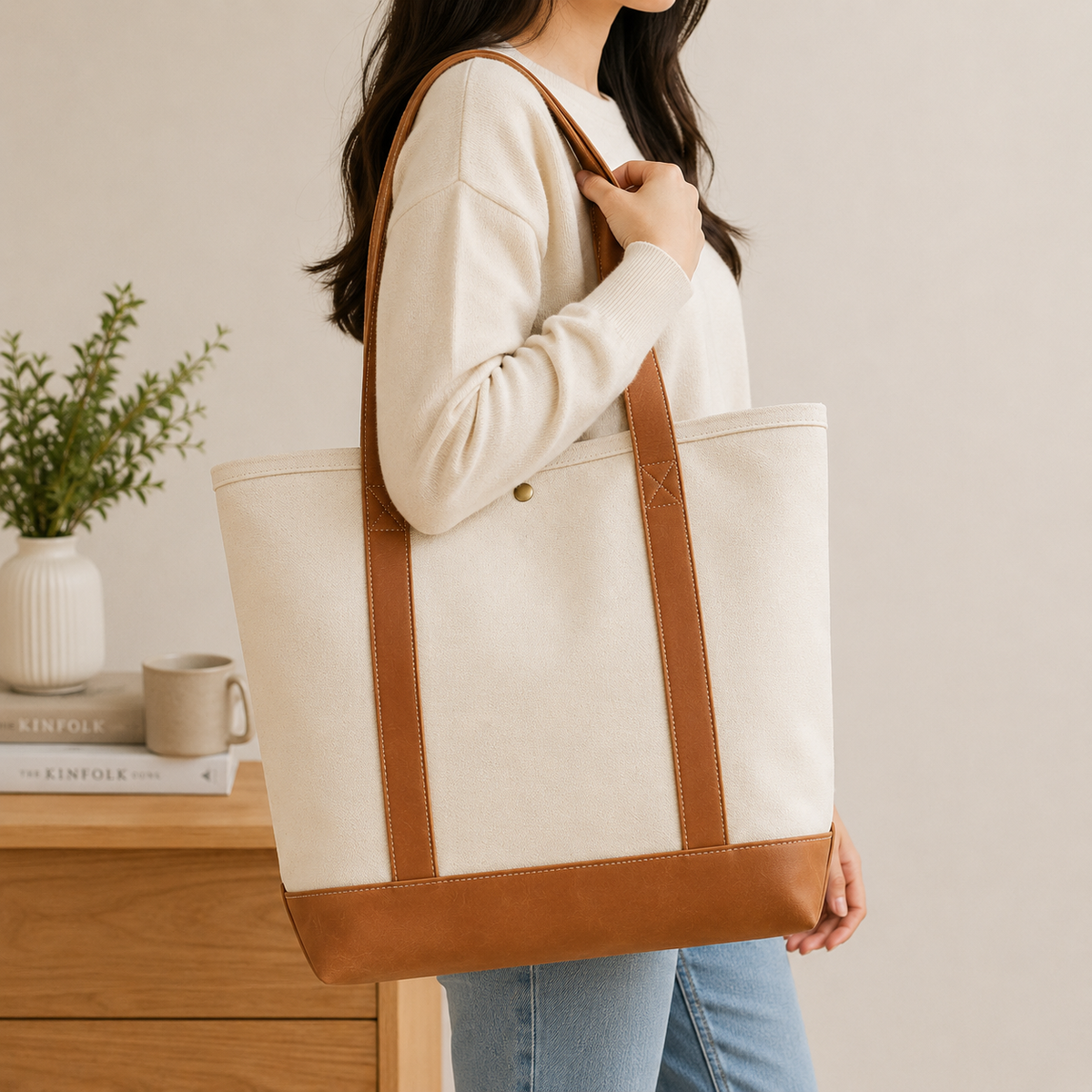 Canvas Tote Bag with Leather Handles